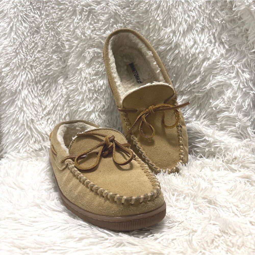 Minnetonka Mens Tan Suede Moccasin Slippers 8.5 Faux Fur Lining Rubber Sole‎